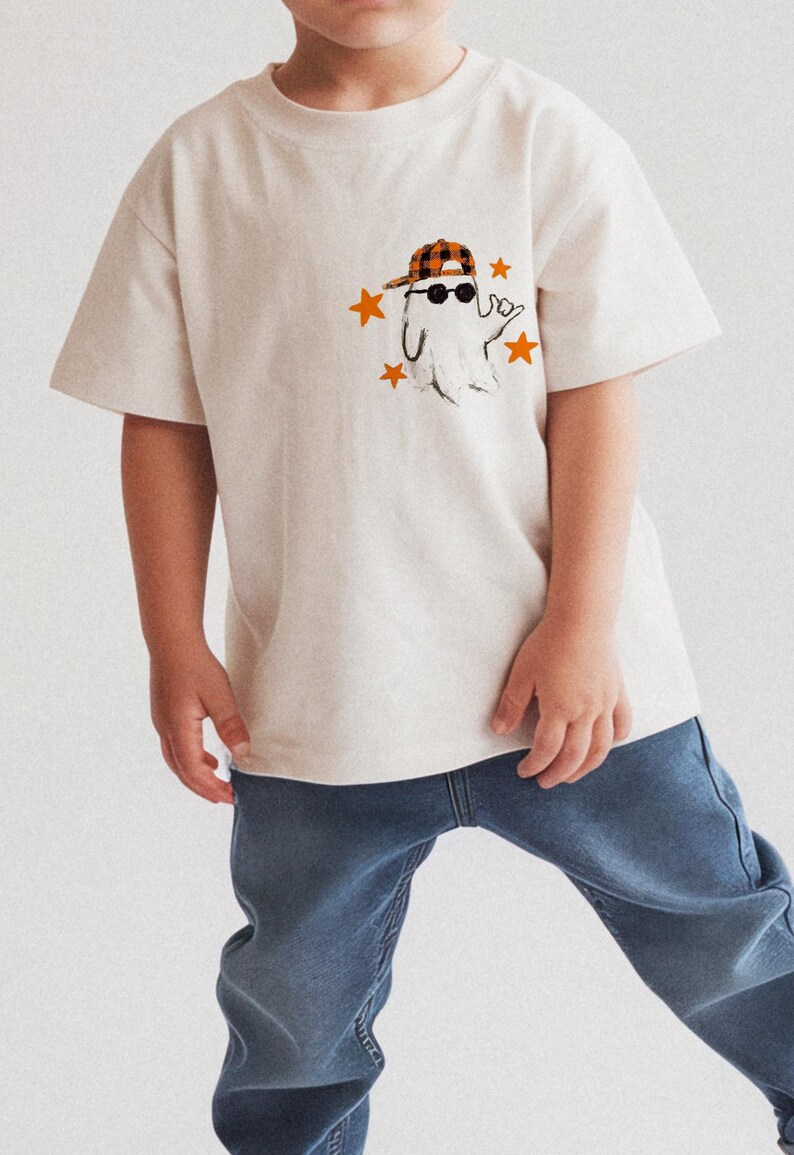 Kids Halloween ghost PNG with orange plaid baseball cap and sunglasses