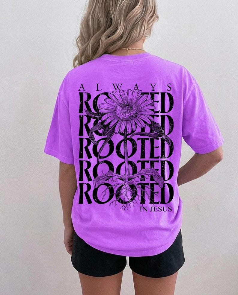 Always Rooted in Jesus Christian floral PNG with daisy and roots.