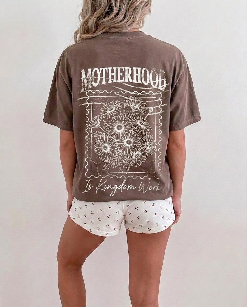 Vintage floral Motherhood Is Kingdom Work Christian mom PNG design with distressed postage stamp artwork