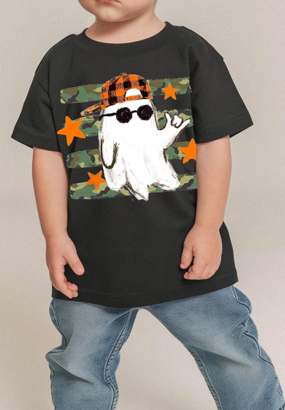 Camo Ghost PNG, Boys Halloween Shirt Design, Ghost With Plaid Cap, Sunglasses, Stars, Kids Spooky Season Digital Download