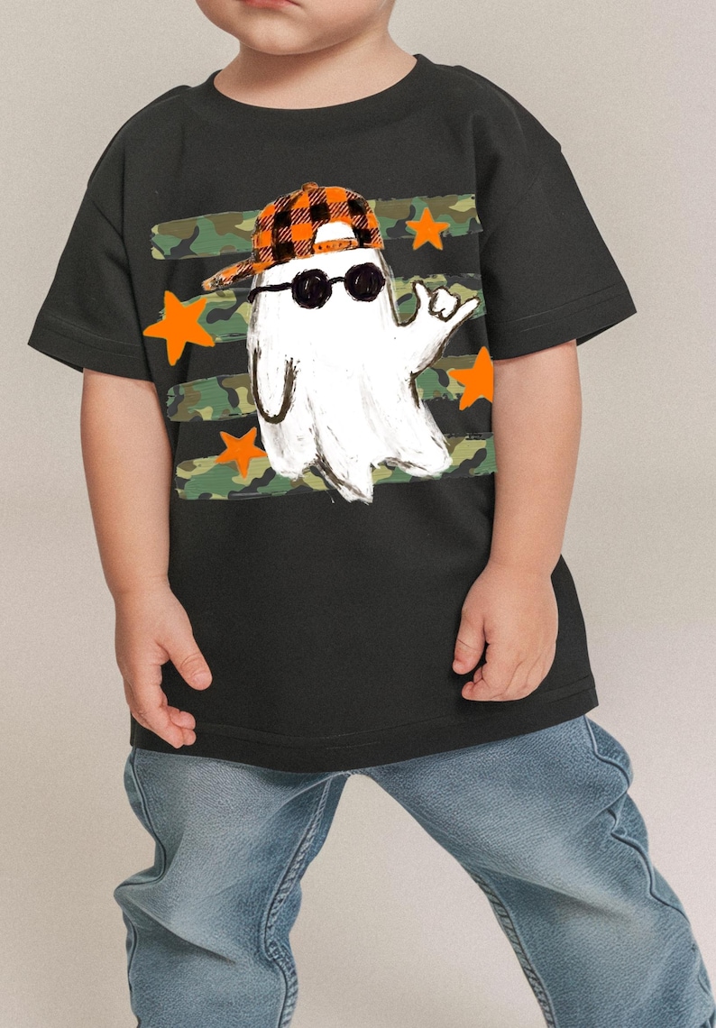 Boys Halloween PNG featuring a hand-drawn ghost with orange plaid cap and sunglasses