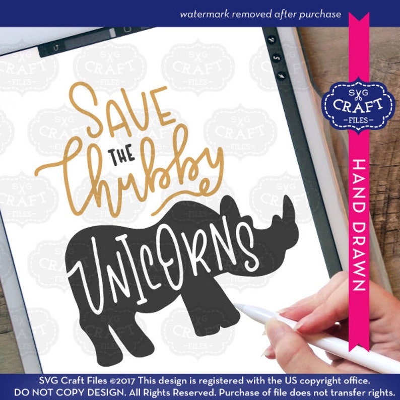 Puede incluir: Un dibujo digital de un rinoceronte negro con el texto "Save the chubby unicorns" en letras doradas.