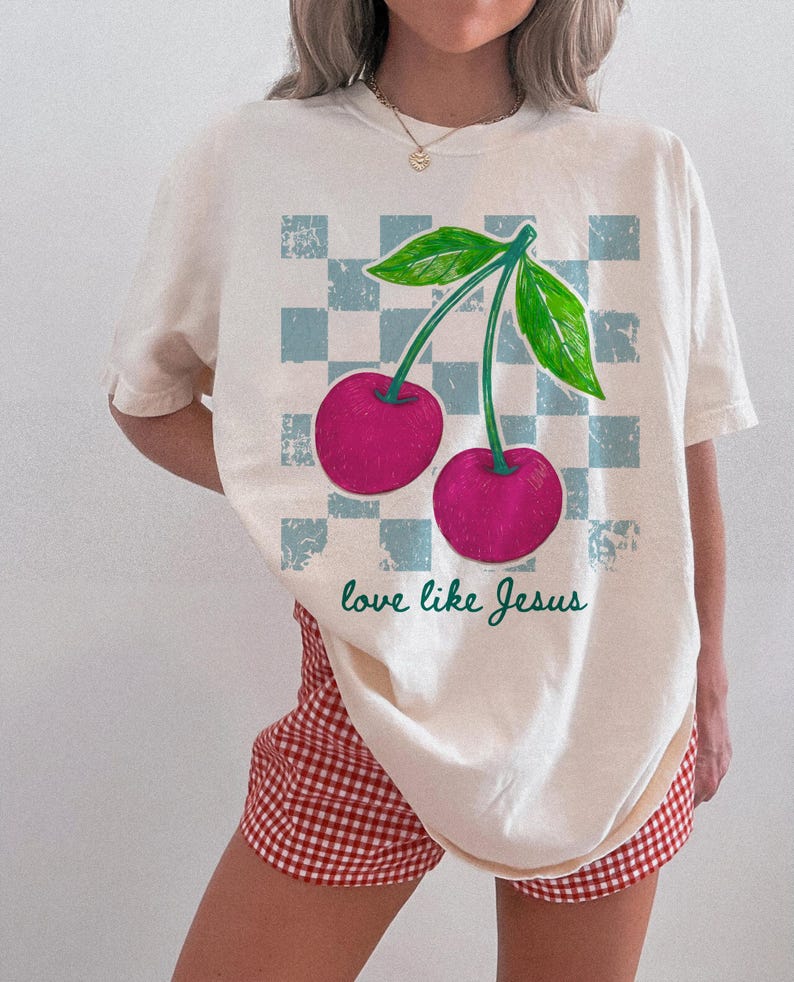 Feminine Christian PNG featuring pink cherries and retro aesthetic artwork.