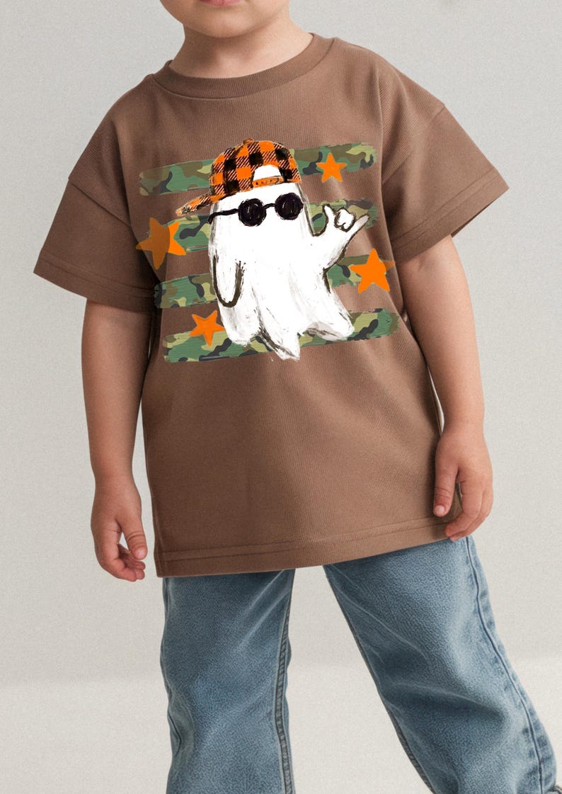 Halloween boy PNG featuring a ghost with orange plaid hat and cool shades