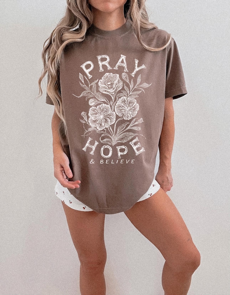 Boho faith typography Pray Hope Believe PNG for trendy Christian apparel