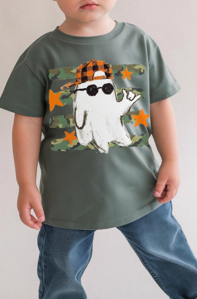 Boy spooky season design featuring ghost, camouflage stripes, and orange accents