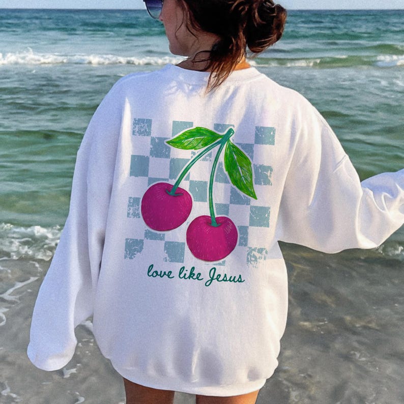Summer Christian shirt graphic with cherries and boutique faith aesthetic.