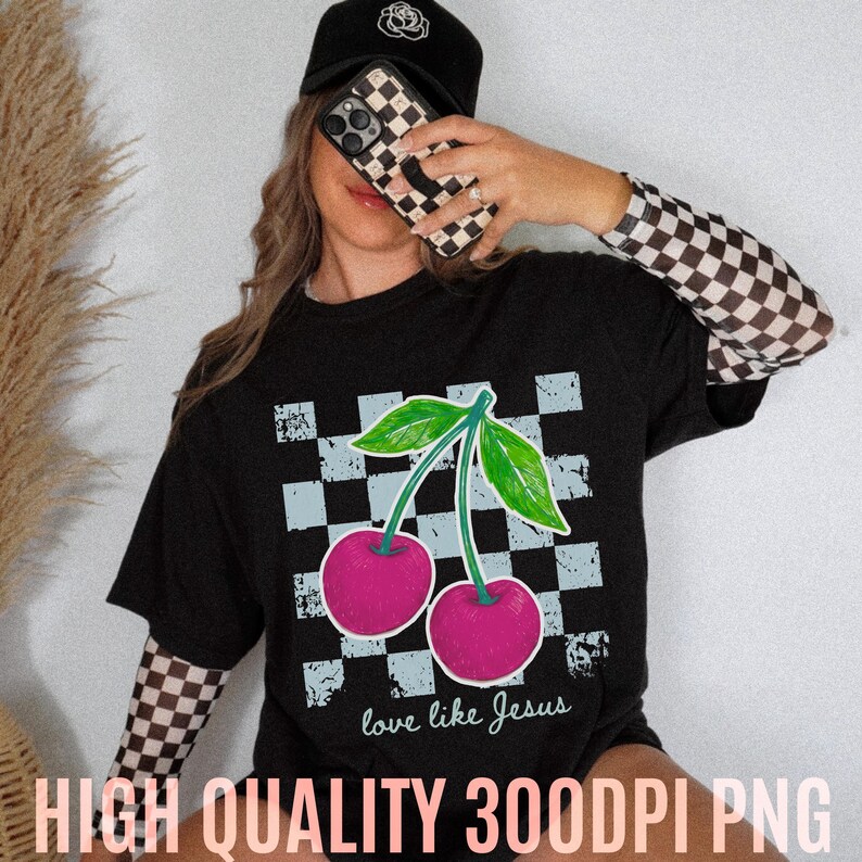 Coquette Christian PNG with pink cherry illustration and retro styling.