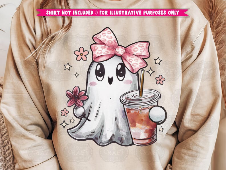 May include: A cute cartoon ghost wearing a pink bow with a leopard print design. The ghost is holding a pink flower and a cup of iced coffee. The background is a light brown color.