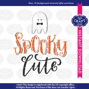 May include: A black and orange Halloween-themed design with the text "SPOOKY Cute" and a white ghost with a black bow tie.