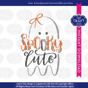 May include: A gray ghost with a bow and the text "SPOOKY CUTE" in orange and gray. The ghost has two black eyes.