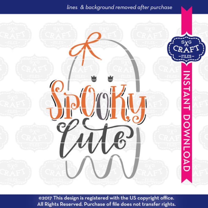 May include: A gray ghost with a bow and the text "SPOOKY CUTE" in orange and gray. The ghost has two black eyes.