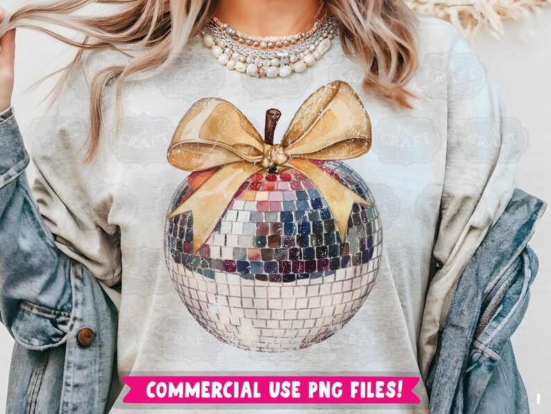 May include: A white t-shirt with a gold bow and a disco ball ornament. The text "COMMERCIAL USE PNG FILES!" is printed on the bottom of the shirt.