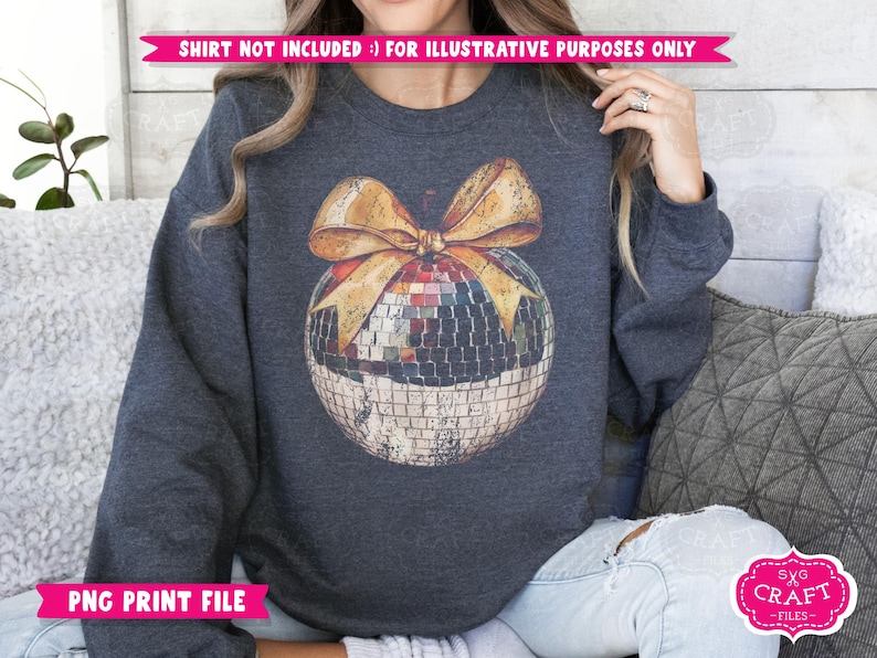 May include: A dark blue sweatshirt with a gold bow and a disco ball ornament design. The design is a vintage-style illustration of a disco ball with a gold bow on top. The sweatshirt is a great option for a holiday party or a fun, festive look.