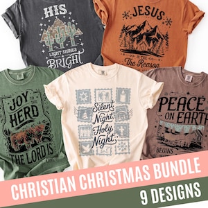 May include: A collection of five t-shirts with Christian-themed designs. The shirts feature various graphics and text, including "HIS", "JESUS", "JOY TO THE HERD", "Silent Night Holy Night", and "PEACE ON EARTH". The bottom banner reads "CHRISTIAN CHRISTMAS BUNDLE 9 DESIGNS".