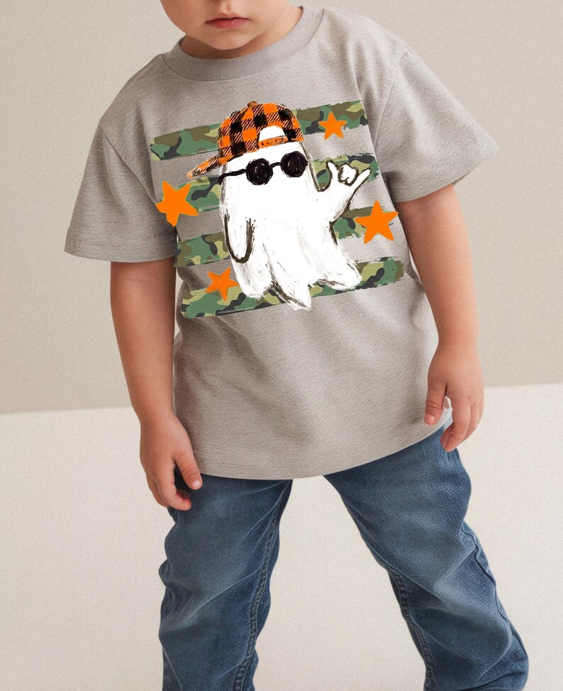 Ghost Halloween design with camouflage background and orange stars