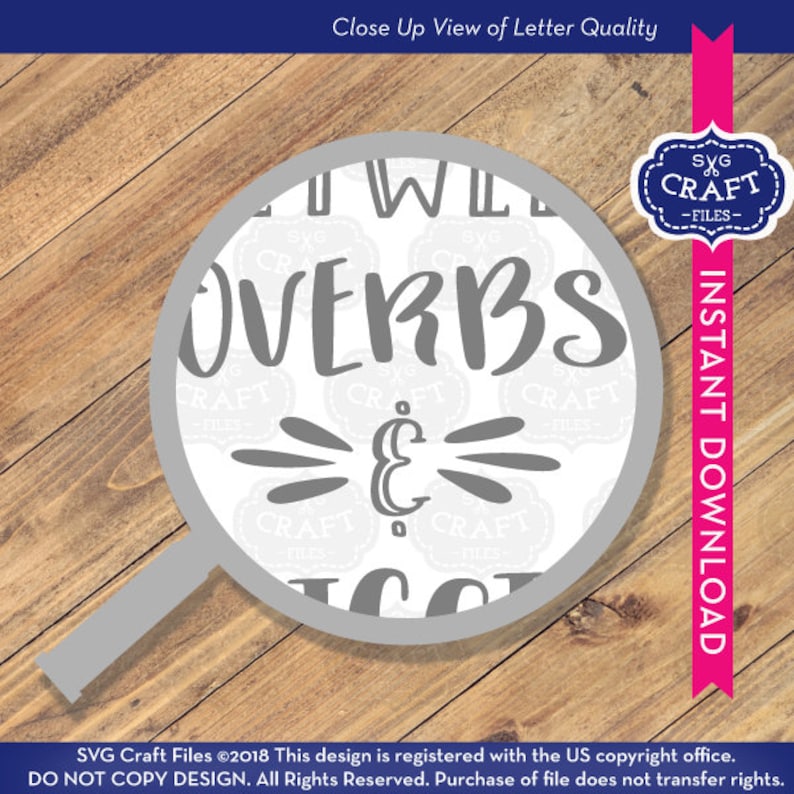 May include: Close-up view of a gray and white design with the text "I Will Over Verbs & Nouns". The design is surrounded by a gray circle and a magnifying glass.