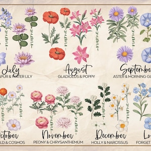 Puede incluir: Una ilustraci&oacute;n de estilo vintage de flores que representan cada mes del a&ntilde;o. Las flores se representan en un estilo bot&aacute;nico con sus nombres y el mes que representan. Los meses son julio, agosto, septiembre, octubre, noviembre, diciembre y p&eacute;rdida. Las flores son espuela de caballero y lirio de agua, gladiolo y amapola, aster y gloria de la ma&ntilde;ana, cal&eacute;ndula y cosmos, peon&iacute;a y crisantemo, acebo y narciso, y no me olvides.