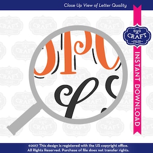 May include: Close-up view of the letters "Opie's" in orange and black, with a magnifying glass over the letters to show the detail of the design.