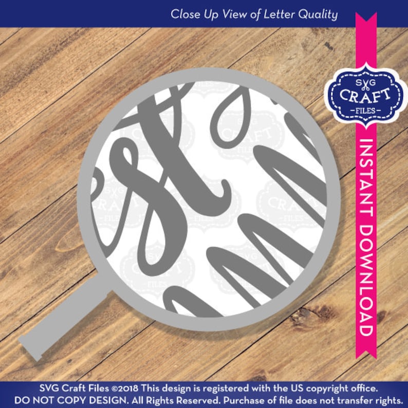 May include: Close-up view of the letter quality for a digital design file. The design features the word "Mom" in a handwritten style. The image shows a magnifying glass over the design to highlight the detail.