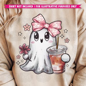 May include: A cute cartoon ghost wearing a pink bow with a leopard print design. The ghost is holding a pink flower and a cup of iced coffee. The background is a light brown color.