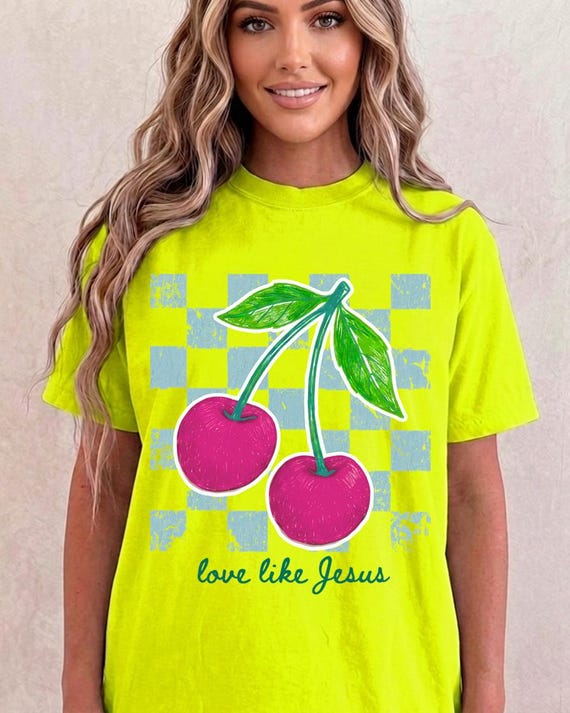 Love Like Jesus Cherry PNG, Christian Cherry Coquette PNG, Retro Checkerboard Faith Shirt Design, Trendy Christian PNG