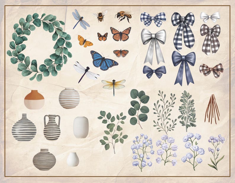 Puede incluir: Una colecci&oacute;n de elementos decorativos que incluyen una corona, jarrones, mariposas, lib&eacute;lulas, lazos y ramitas de vegetaci&oacute;n. Los art&iacute;culos est&aacute;n dispuestos sobre un fondo beige.
