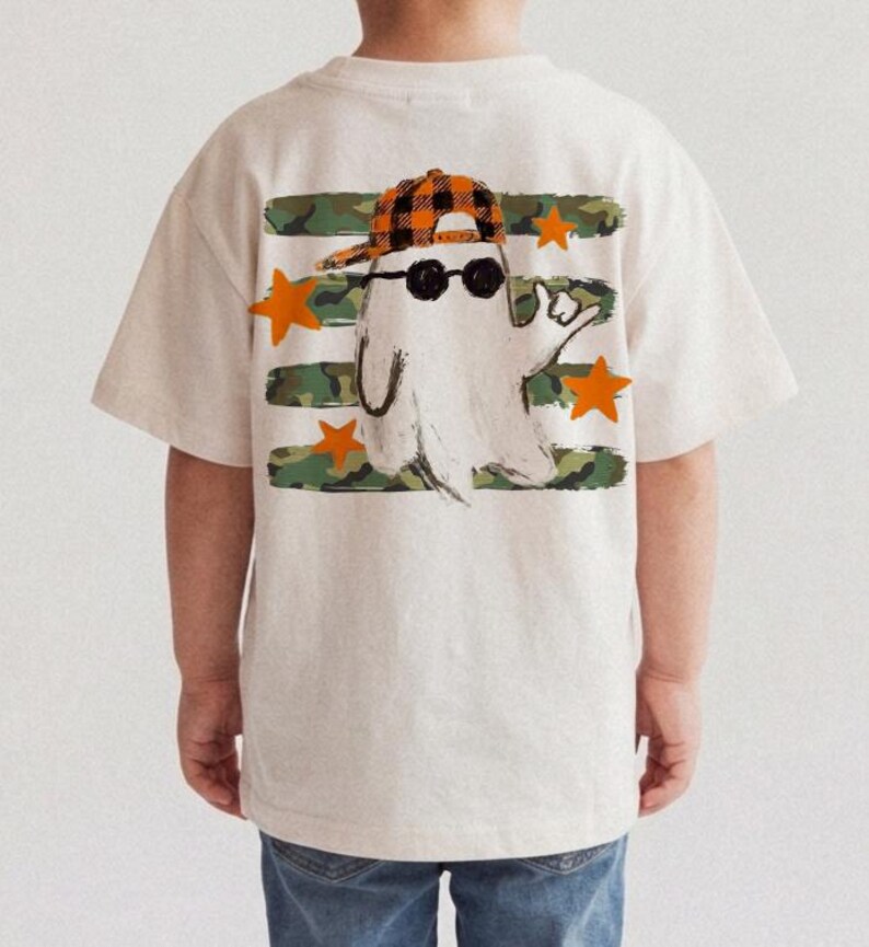 Camo Halloween PNG with hand-drawn ghost wearing a plaid cap
