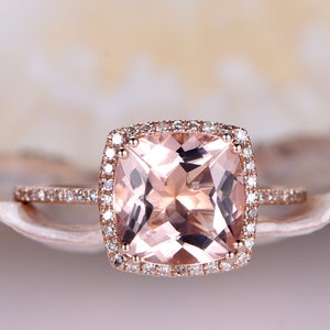 Cushion morganite engagement ring rose gold diamond wedding band solid 14k gold anniversary ring 9mm cushion stone 8-prong halo ring