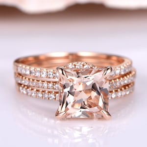 Morganite engagment ring set women rose gold diamond half eternity ring 8mm princess cut stone stacking bridal set basket underneath 3pcs