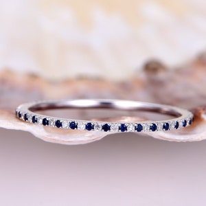 Petite V pave Diamond sapphire wedding band solid 14k white gold FULL eternity ring engagement ring stacking matching band anniversary thin