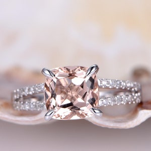 Morganite Ring Morganite Engagement Ring 8mm Cushion Cut Gemstone Bridal Ring Split Shank Diamond Band Promise Ring Solid 14k White Gold