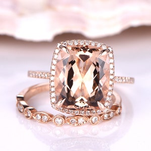 Morganite Ring Set Morganite Engagement Ring 10x12mm Cushion Cut Natural Morganite Half Eternity Diamond Wedding Band 14K Soild Rose Gold