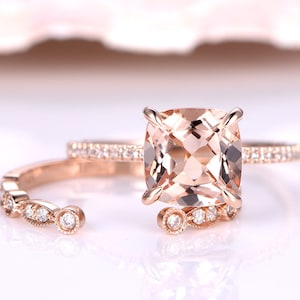 8mm Cushion Cut Morganite Engagement Ring Open Gap Diamond Matching Band Women Wedding Ring Set Natural Morganite Ring 14k Rose Gold Ring