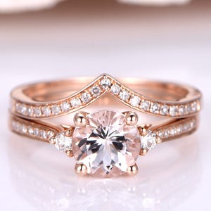 1.2ct Pink Morganite Engagement Ring Bridal Ring Set 7mm Round Cut Natural Morganite V Shape Diamond Wedding Band Solid 14k Rose Gold