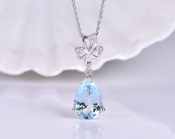 Aquamarin Halskette Weißgold Aquamarin Diamant Anhänger Für Frauen Natürliche Edelstein Zierliche Blumen Design Jubiläumsgeschenk 9x11mm Birnenstein