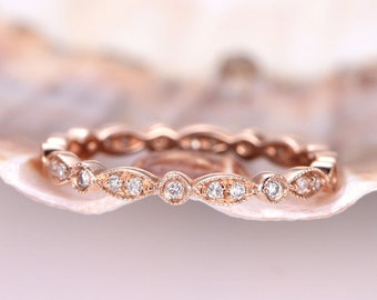 Art deco diamond wedding band,Solid rose gold eternity band,Milgrain band,Stackable women band, Stacking matching band,Anniversary gift