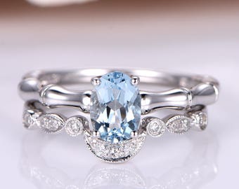 Floral Aquamarine Engagement Wedding Ring Set in 14k White | Etsy