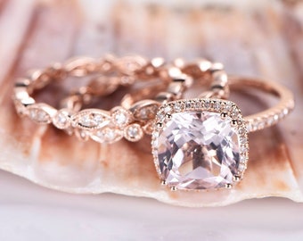 3pcs Morganite engagement ring set rose gold cushion cut 9x9mm morganite diamond ring 14k Full eternity diamond wedding band bridal set