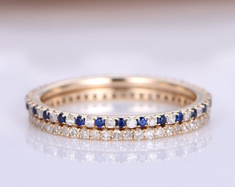 Diamond Ring Set Natural Blue Sapphire Diamond Wedding Band Diamond Wedding Band Full Eternity Ring Solid 14k Rose Gold Anniversary Ring