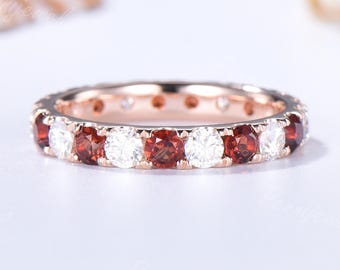 Natürliche Granat Moissanit Hochzeit Band 3 mm 14K Rose Gold Wechsel Eternity Ring stapelbar Pave Braut Band Januar Birthstone Ring Geschenk