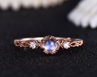 Natural Moonstone Ring Rose Gold Plated Sterling Silver CZ Diamond Wedding Ring Three Stone Milgrains Gemstone Promise Anniversary Ring
