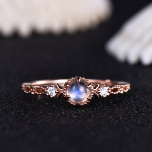 Natural Moonstone Ring Rose Gold Plated Sterling Silver CZ Diamond Wedding Ring Three Stone Milgrains Gemstone Promise Anniversary Ring