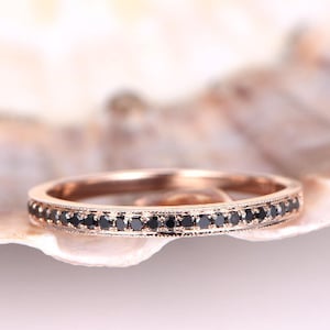 Solid 14k rose gold ring black diamond wedding band half eternity ring engagement ring stacking matching band anniversary ring thin Pave set