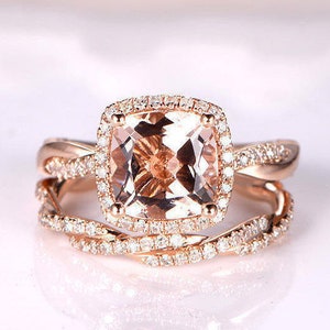Morganite Ring Set Rose Gold Morganite Engagement Ring Twist Infinity Wedding Band 8mm Cushion Cut Pink-peachy Gemstone Bridal Set 14K 2PCS