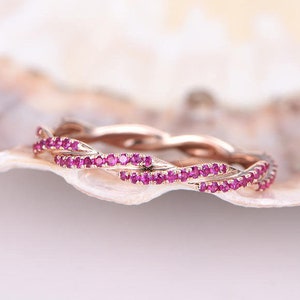 Ruby ring,red ruby wedding band twisted shape full eternity ring 14k rose gold engagement ring stacking matching band anniversary ring