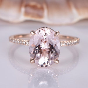 Morganite Engagement Ring 14k Rose Gold Solitaire Ring 8x10mm Oval Cut Pink Stone Diamond Wedding Band Promise Bridal Ring