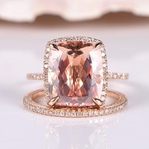 Morganite ring set big cushion morganite engagement ring 10x12mm main stone half eternity diamond wedding band matching band 14k rose gold