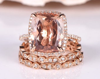 Morganite ring set morganite engagement ring 10X12mm natural gemstone bridal ring milgrain diamond wedding band 14k rose gold matching band