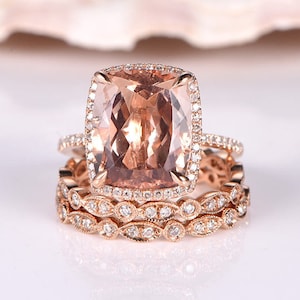 Morganite ring set morganite engagement ring 10X12mm natural gemstone bridal ring milgrain diamond wedding band 14k rose gold matching band